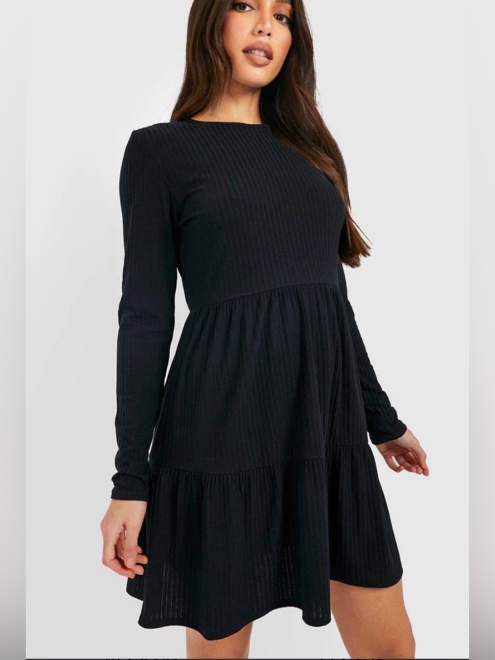 New! Black Soft Rib Long Sleeve Tiered Mini Dress with Pockets!